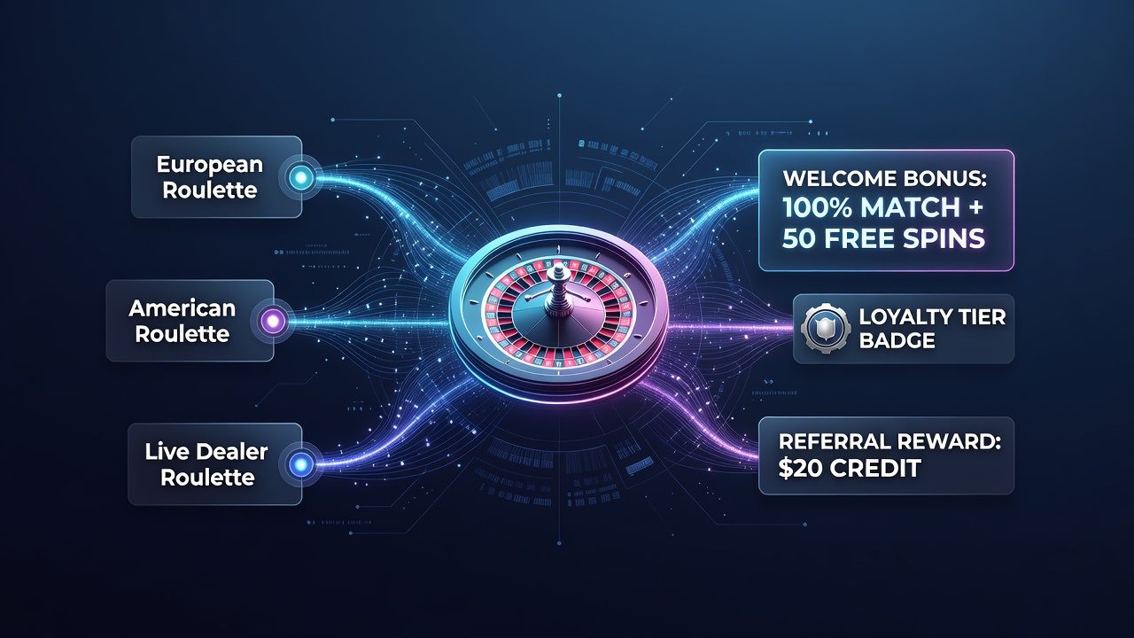 Roulette wheel layouts displayed alongside digital bonus interfaces in an online casino environment