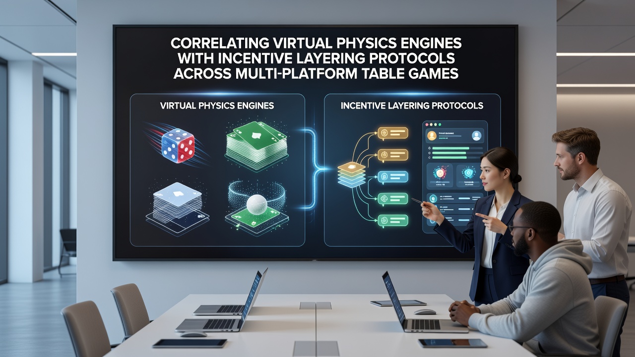 Network diagram showing physics engine outputs feeding into incentive protocol layers across desktop, tablet and mobile table game instances