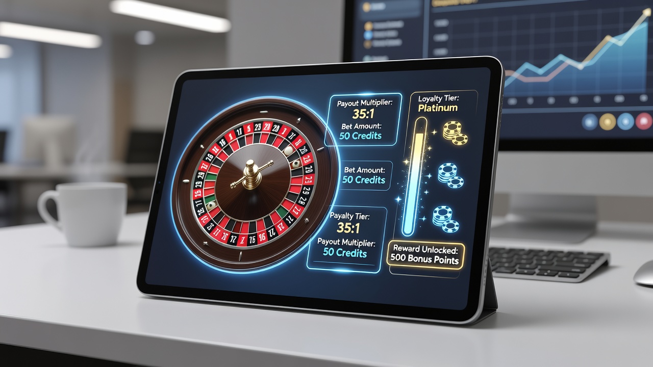 Close-up view of a tablet screen showing roulette wheel spin results synced with loyalty reward notifications
