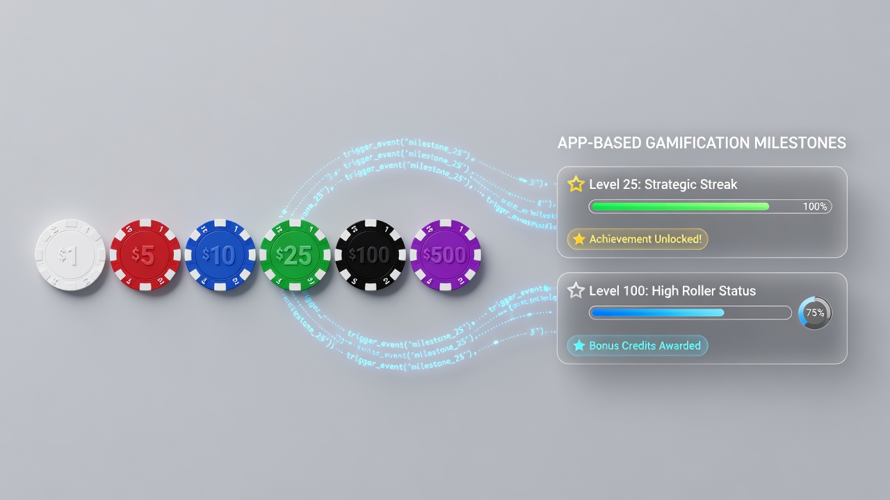 Mobile app interface displaying color-coded achievement milestones alongside virtual roulette chips