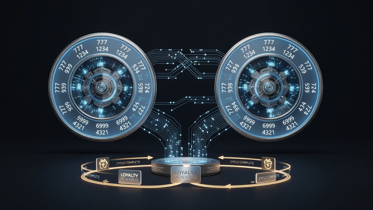 Digital wheel interface displaying symmetrical number clusters used in automated casino reward tracking
