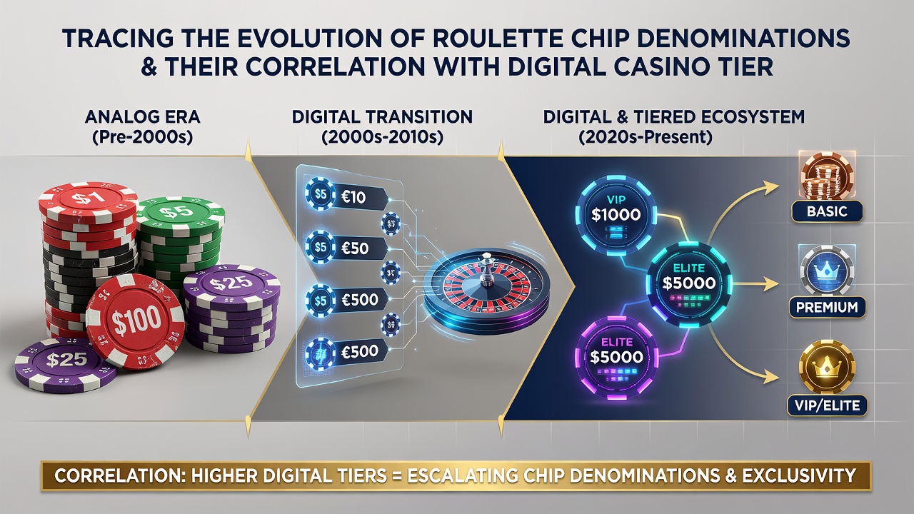 Digital casino interface displaying tier progression levels alongside roulette chip denomination selections