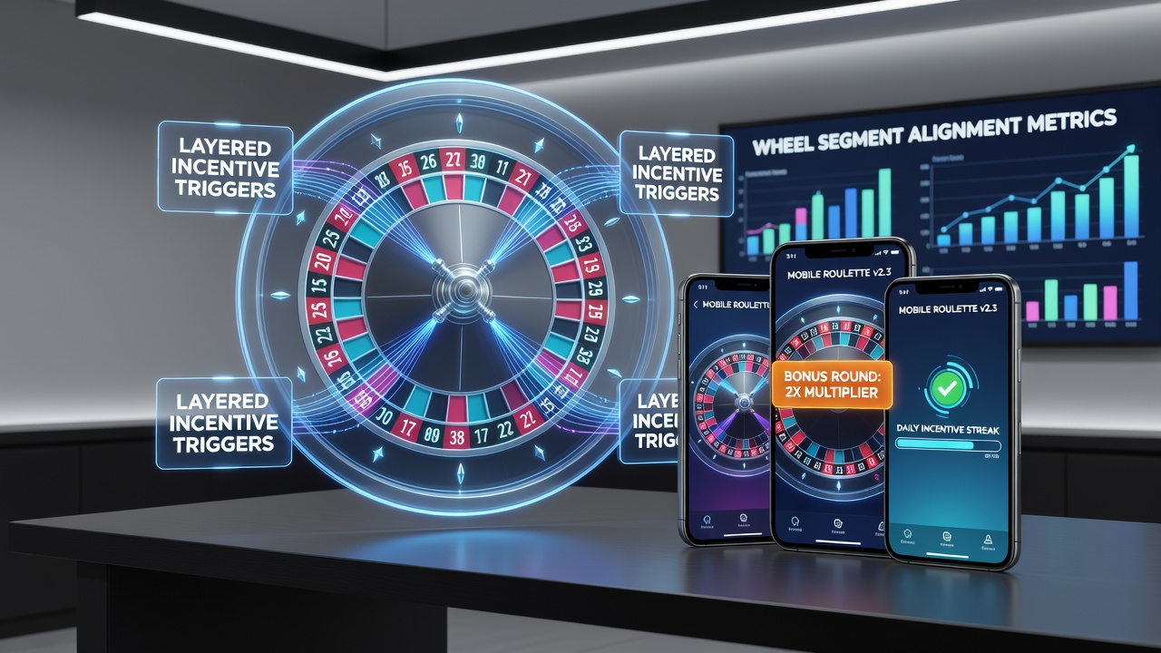 Layered incentive trigger diagram overlaid on a mobile roulette wheel with segment alignment markers